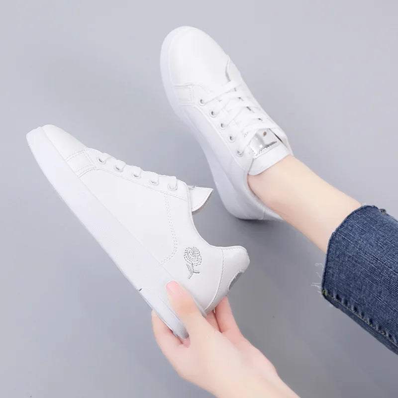 White Breathable Embroidered Flower Lace-Up Casual woman shoes