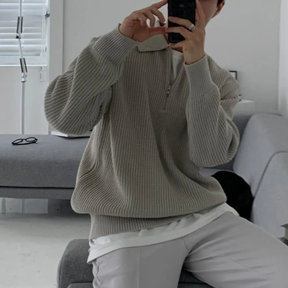 Herrenpullover, Herbst-/Winterpullover mit Revers, Strickpullover mit Reißverschluss, weich und warm.