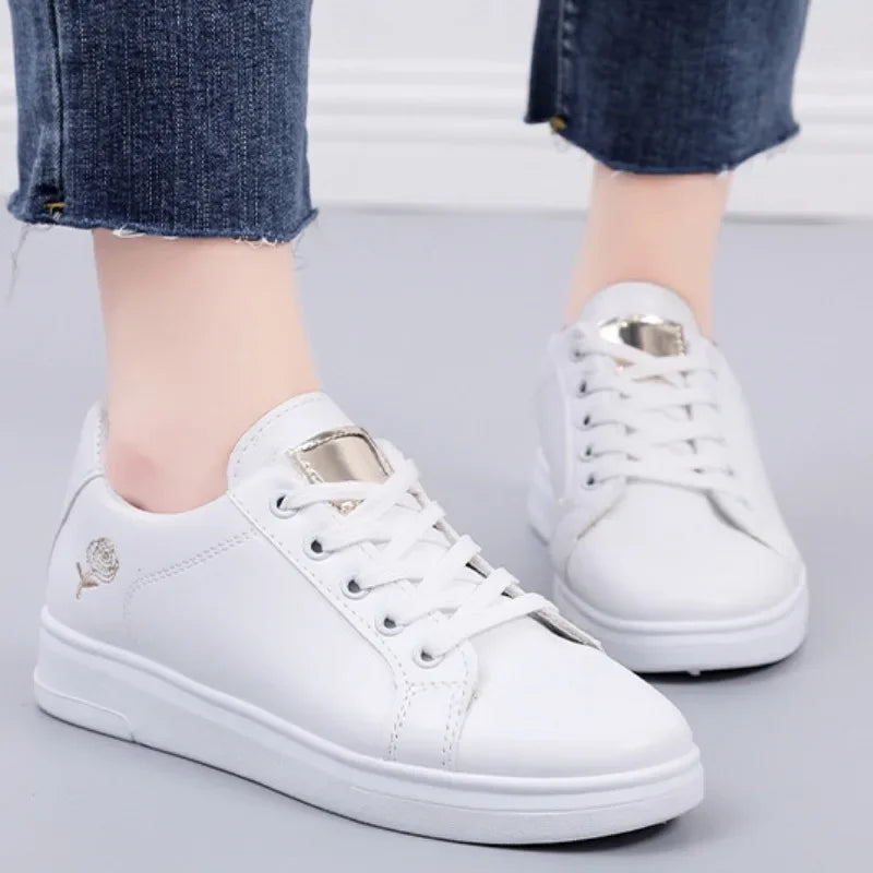 White Breathable Embroidered Flower Lace-Up Casual woman shoes