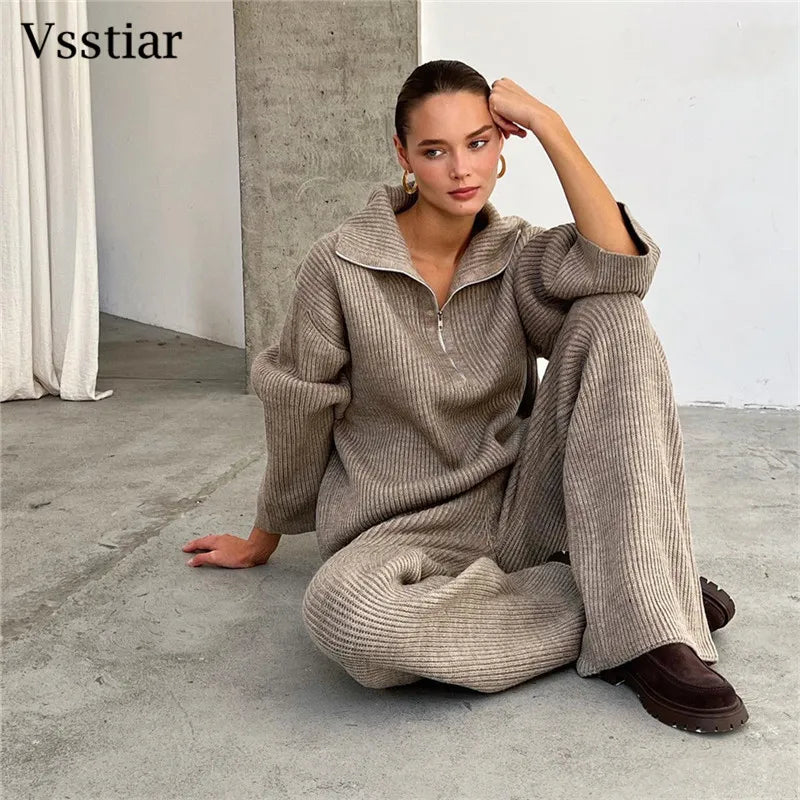 Vsstiar Warm Winter Knit Sweaters Two Piece Set
