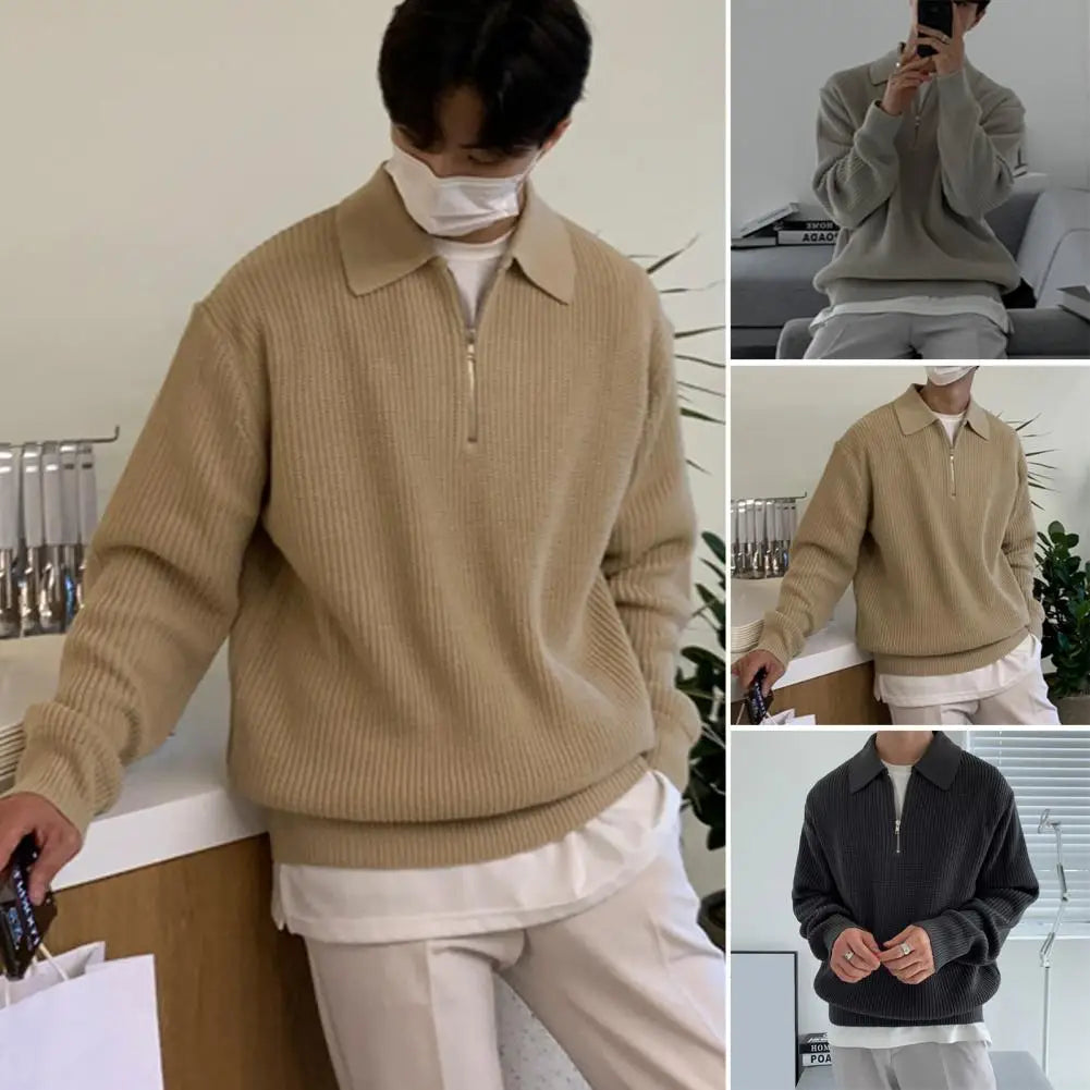 Herrenpullover, Herbst-/Winterpullover mit Revers, Strickpullover mit Reißverschluss, weich und warm.