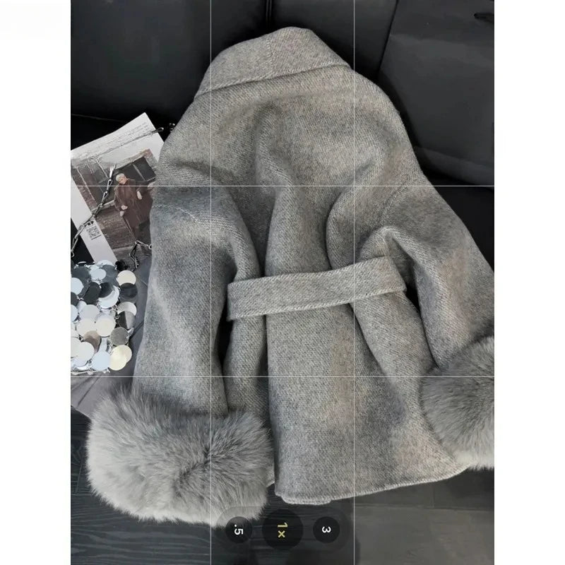 Wool & Blends Overcoats Women Faux Fur Long Sleeve Coat