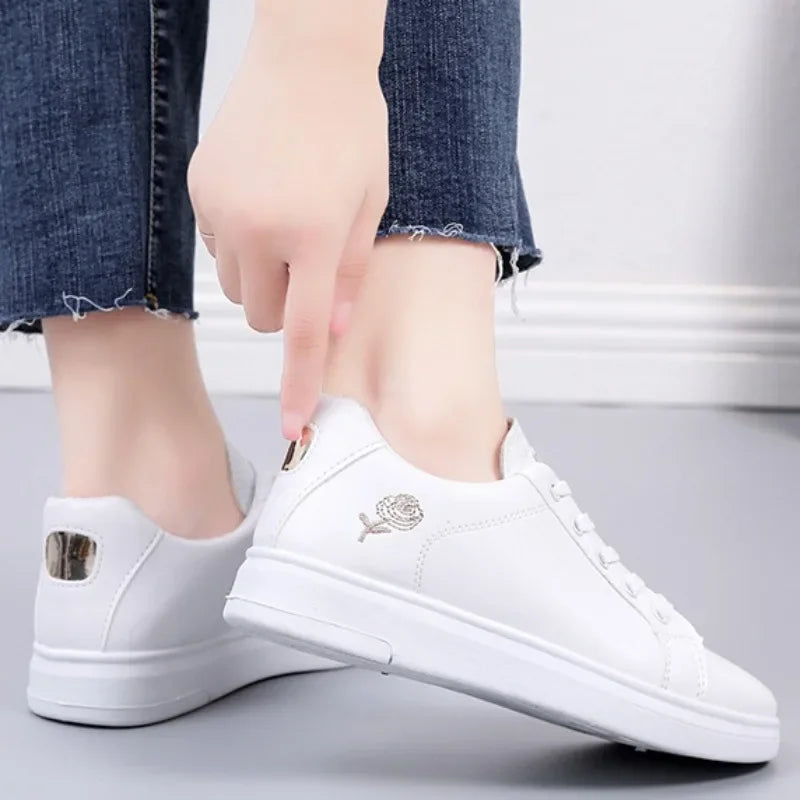 White Breathable Embroidered Flower Lace-Up Casual woman shoes