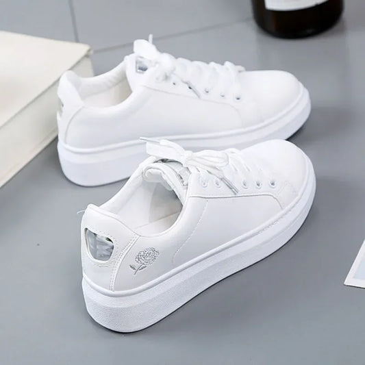White Breathable Embroidered Flower Lace-Up Casual woman shoes