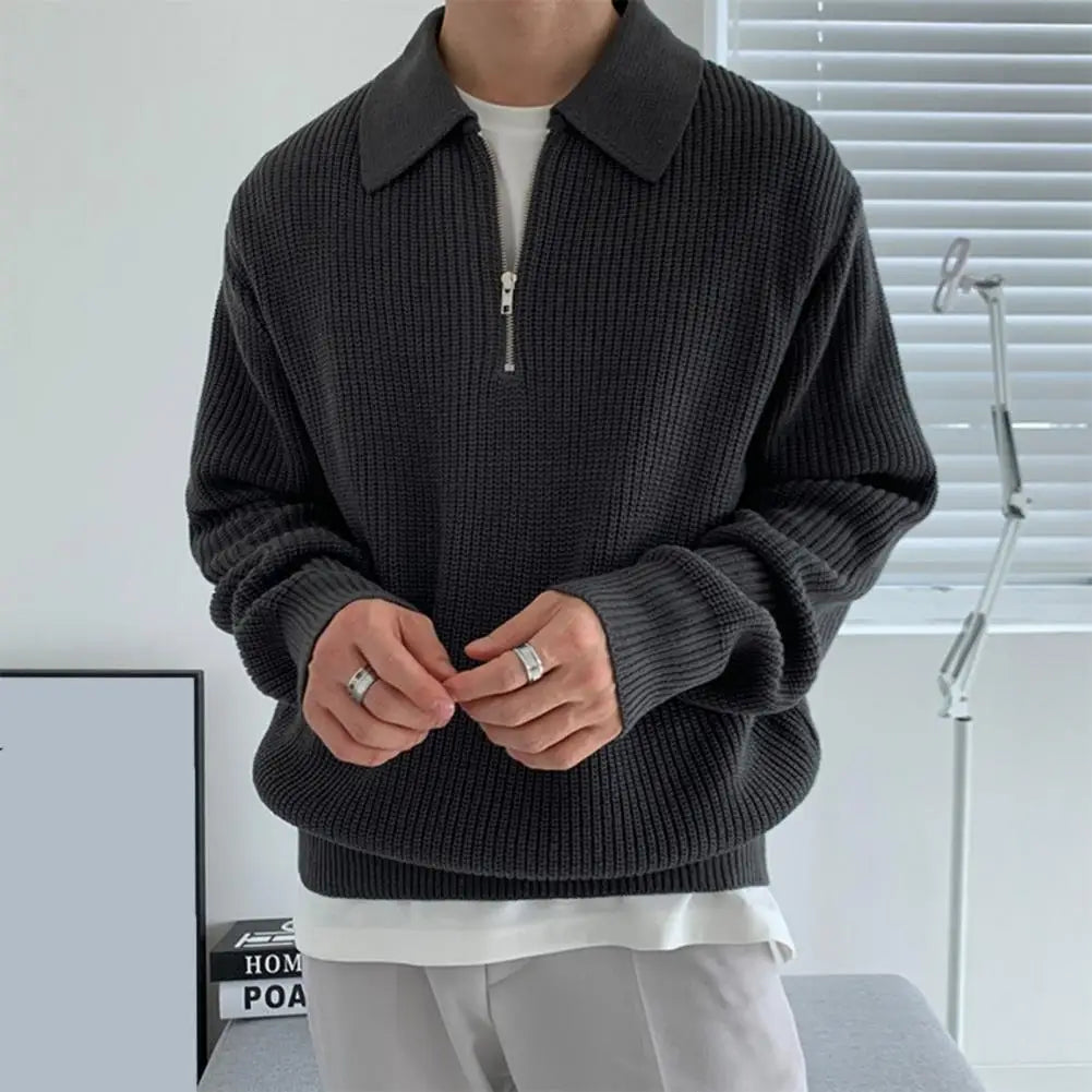 Herrenpullover, Herbst-/Winterpullover mit Revers, Strickpullover mit Reißverschluss, weich und warm.