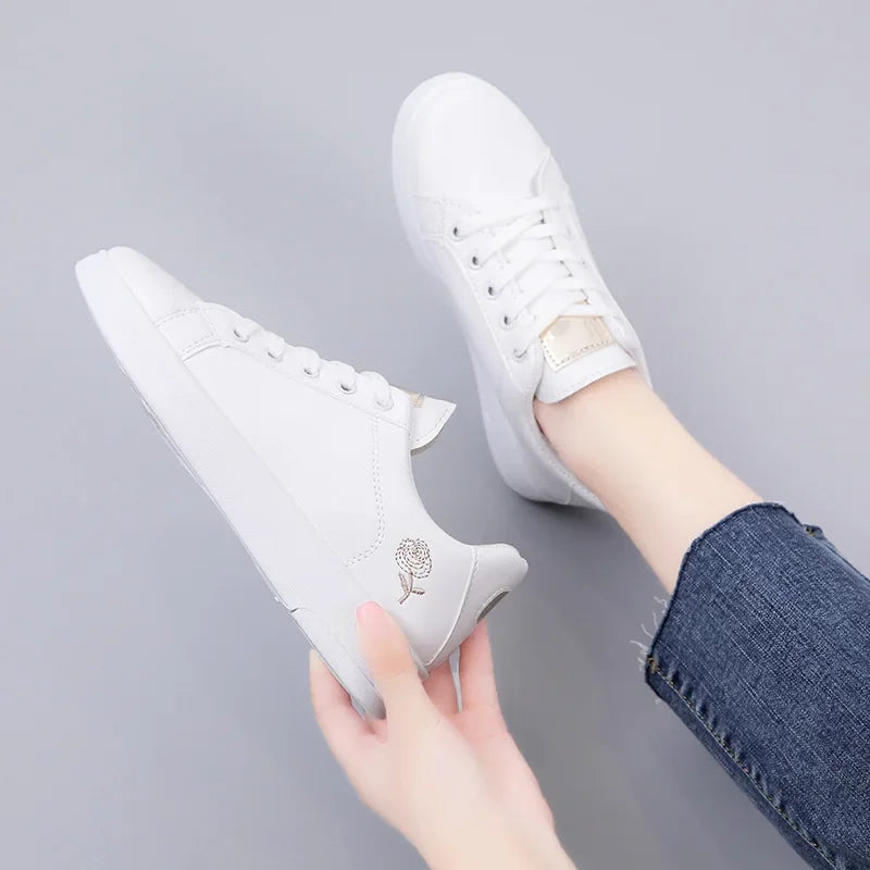 White Breathable Embroidered Flower Lace-Up Casual woman shoes